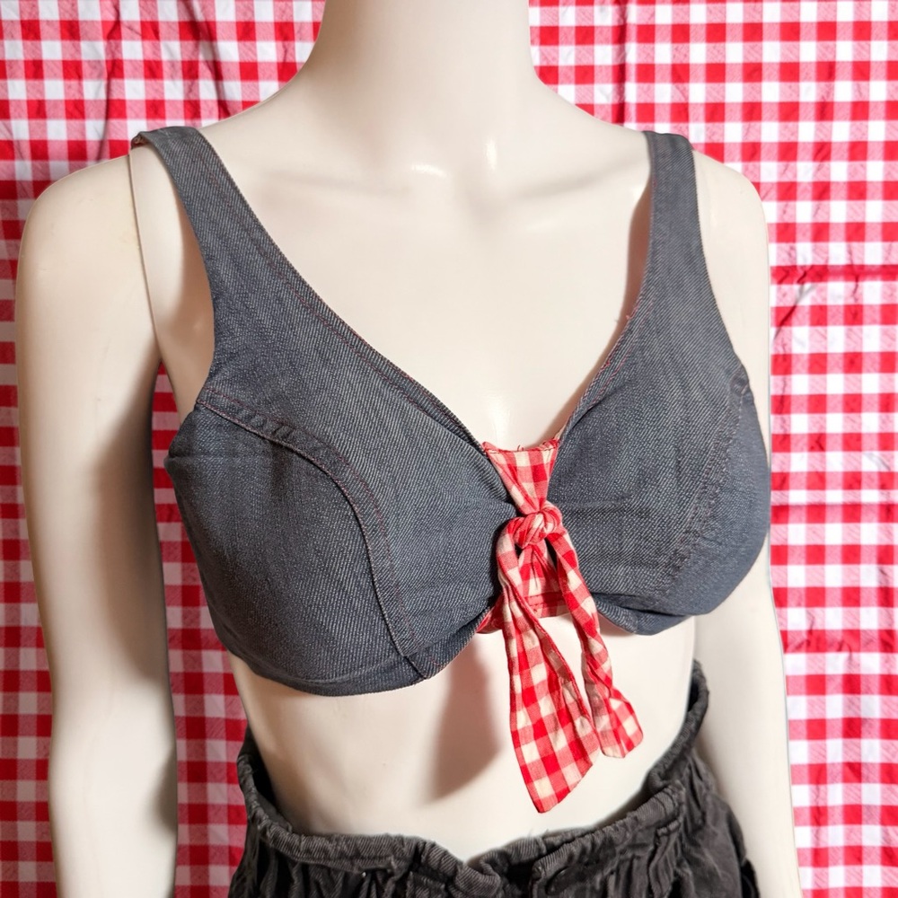 Vintage High Tide Denim Bikini Top Red Gingham Tie Front XS Retro 70s 80s
